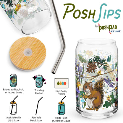 This infographic shows an angle of the glass with the lid and straw sitting beside it and a photo of the glass by itself. Product perks include a wide top that makes it easy to add ice and fruit, high-quality printing, an available option with a reusable metal straw and eco-friendly bamboo lid, and it holds 16 ounces of liquid.