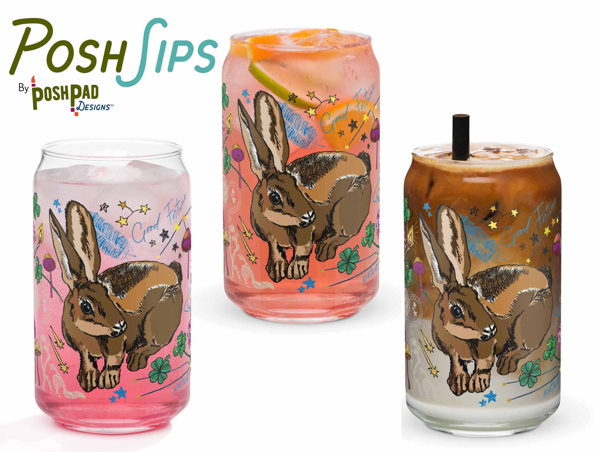 This image shows three glasses, each one with a different drink to show how the glass looks with differently colored liquid in it. There's a glass of pink drink, iced tea, and another with an iced latte.