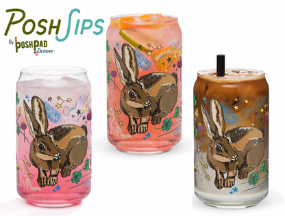 This image shows three glasses, each one with a different drink to show how the glass looks with differently colored liquid in it. There's a glass of pink drink, iced tea, and another with an iced latte.