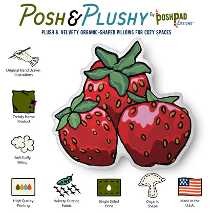 This is an infographic showing the pillow perks and product details. The perks listed are the velvety fabric, plush stuffing, high-quality printing with vibrant inks, and the fact that the product is made in the USA.