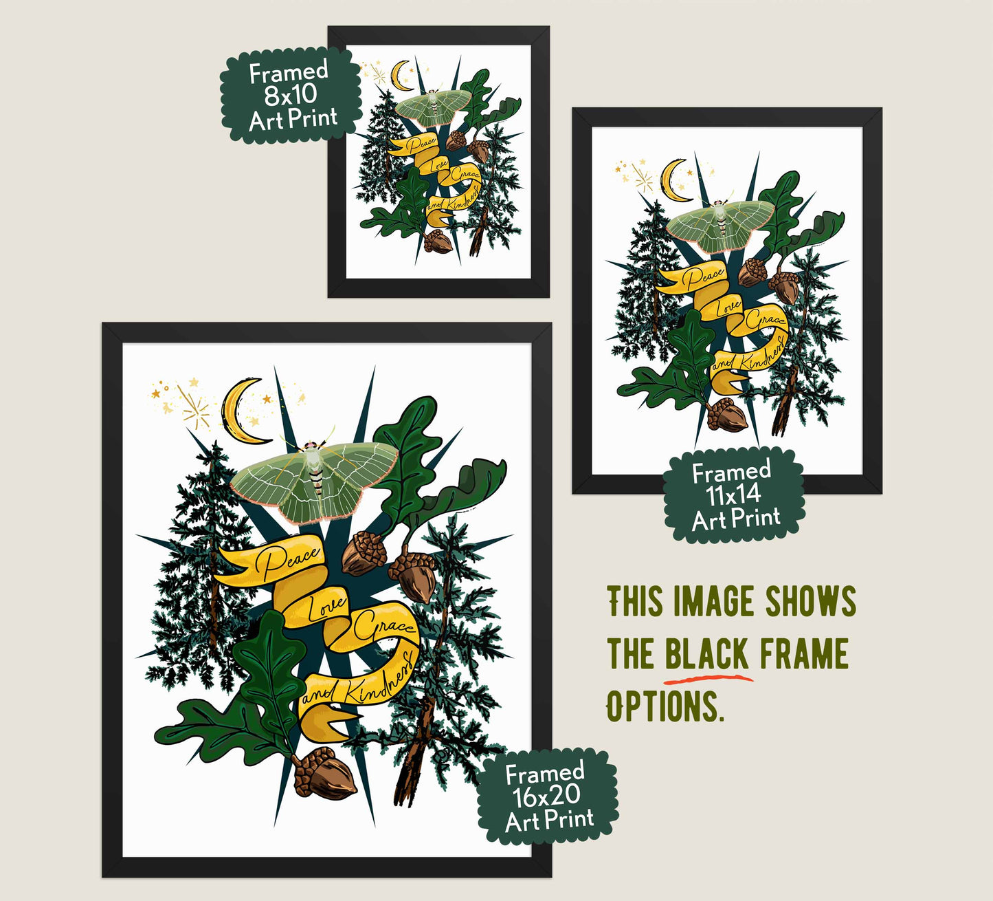 This image shows the three available sizes, which are 8x10, 11x14, and 16x20. This image shows them all in black wood frames.