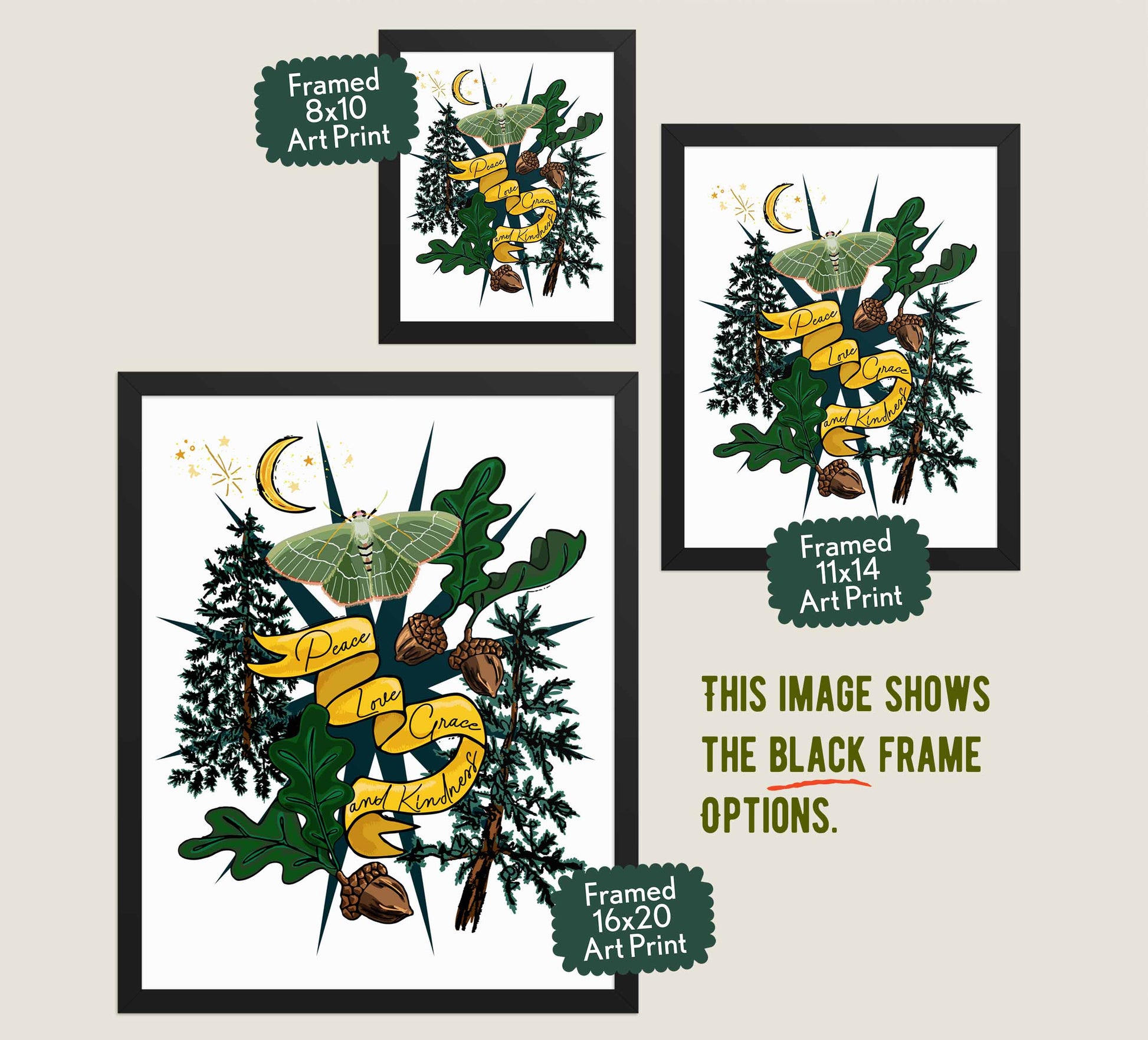 This image shows the three available sizes, which are 8x10, 11x14, and 16x20. This image shows them all in black wood frames.
