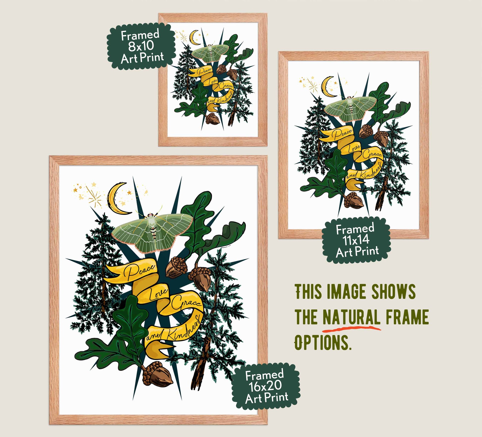 This image shows the three available sizes, which are 8x10, 11x14, and 16x20. This image shows them all in natural wood frames.