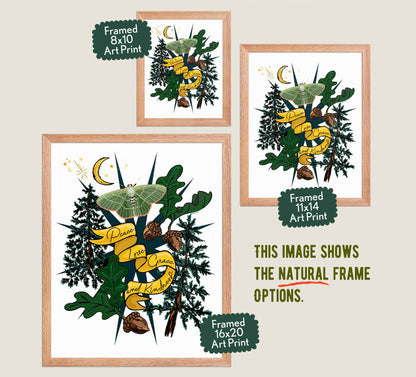 This image shows the three available sizes, which are 8x10, 11x14, and 16x20. This image shows them all in natural wood frames.