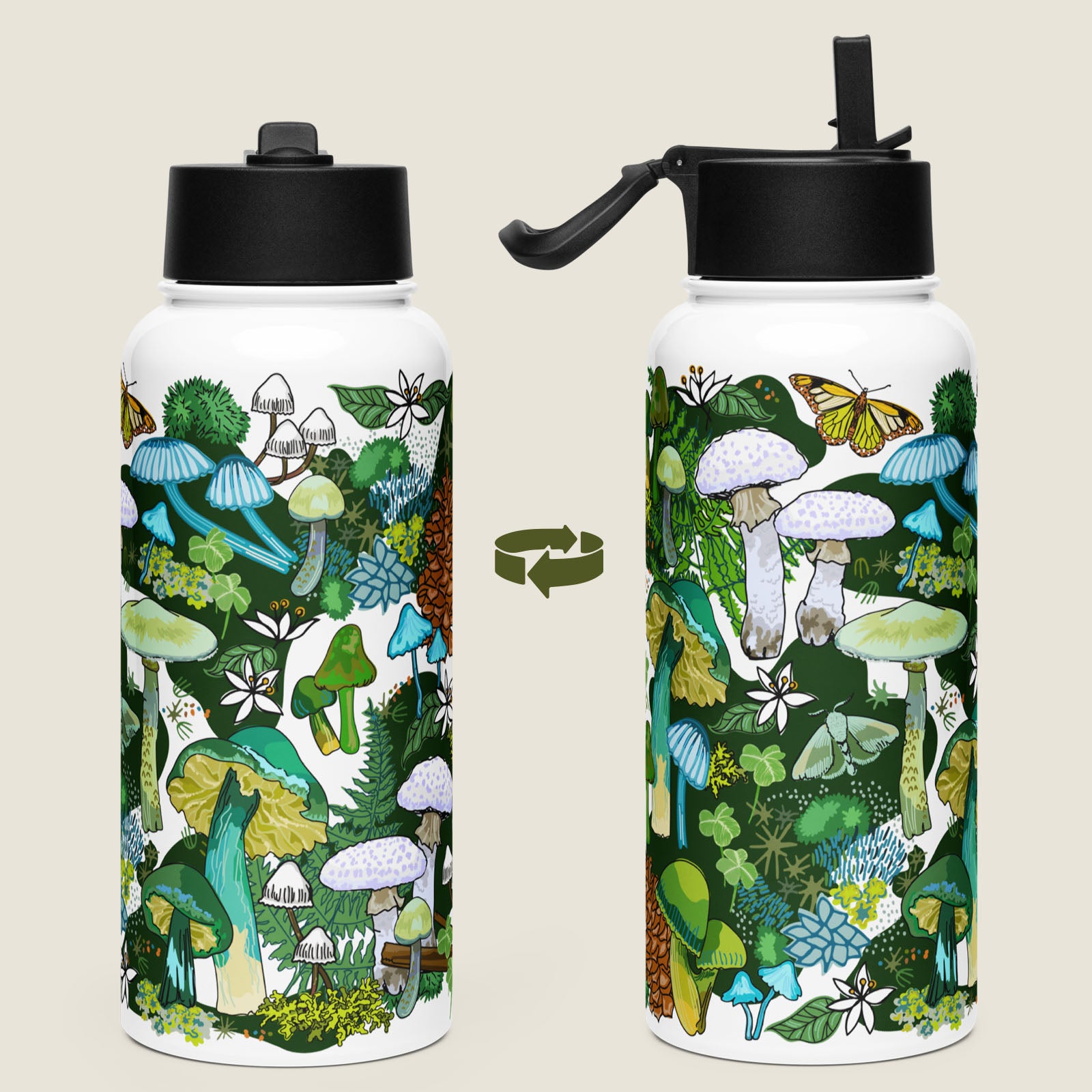 There are two water bottles on an ivory background. Each view shows a different side of the design. 