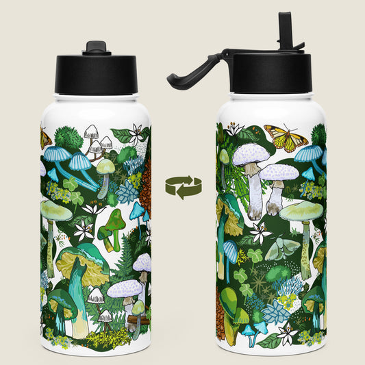 There are two water bottles on an ivory background. Each view shows a different side of the design. 