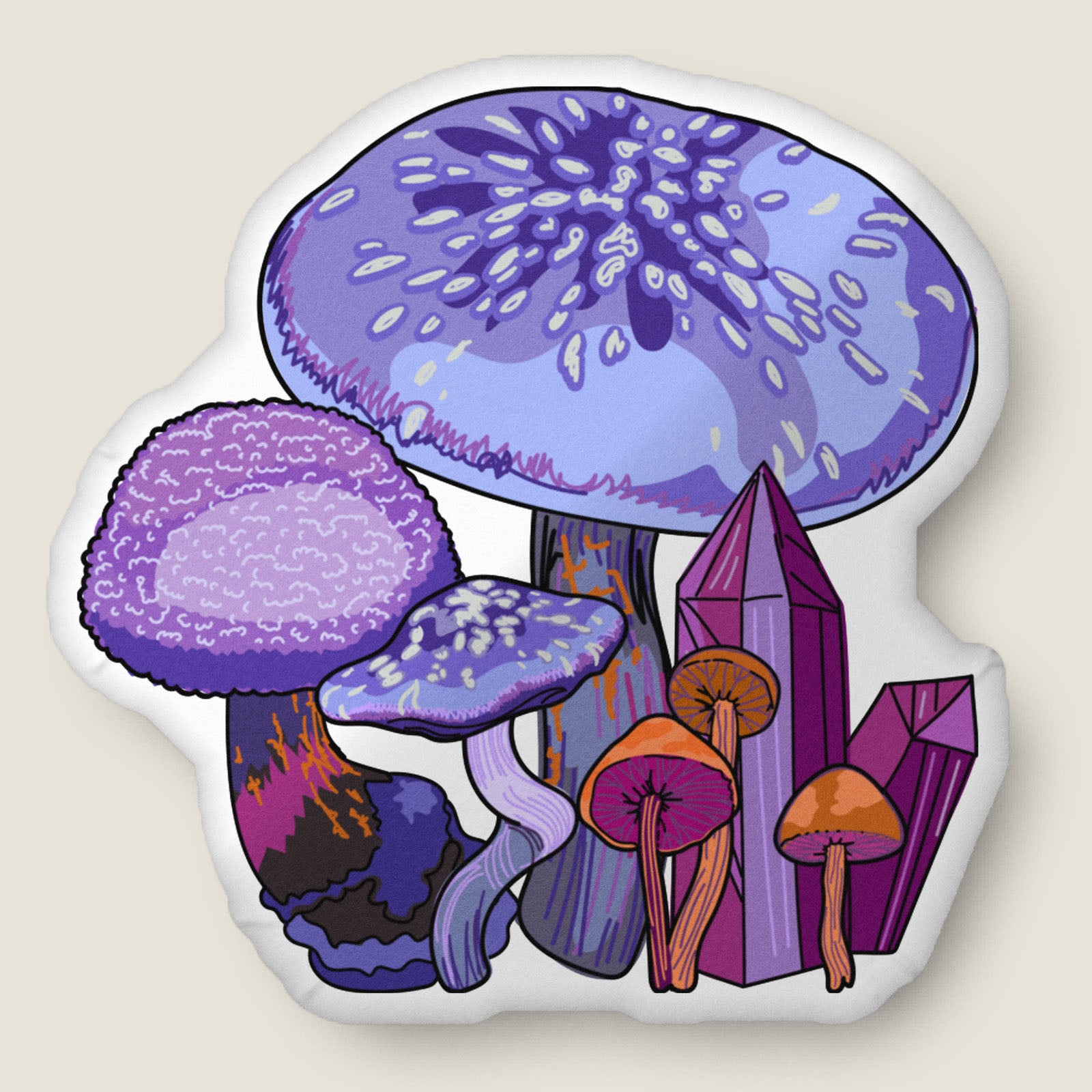 Purple mushroom-shaped pillow on an ivory background.