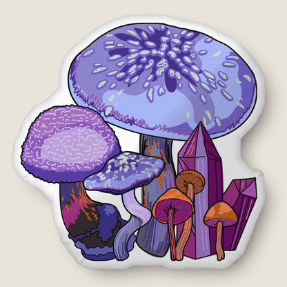 Purple mushroom-shaped pillow on an ivory background.