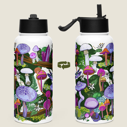 There are two water bottles on an ivory background. Each view shows a different side of the design. 