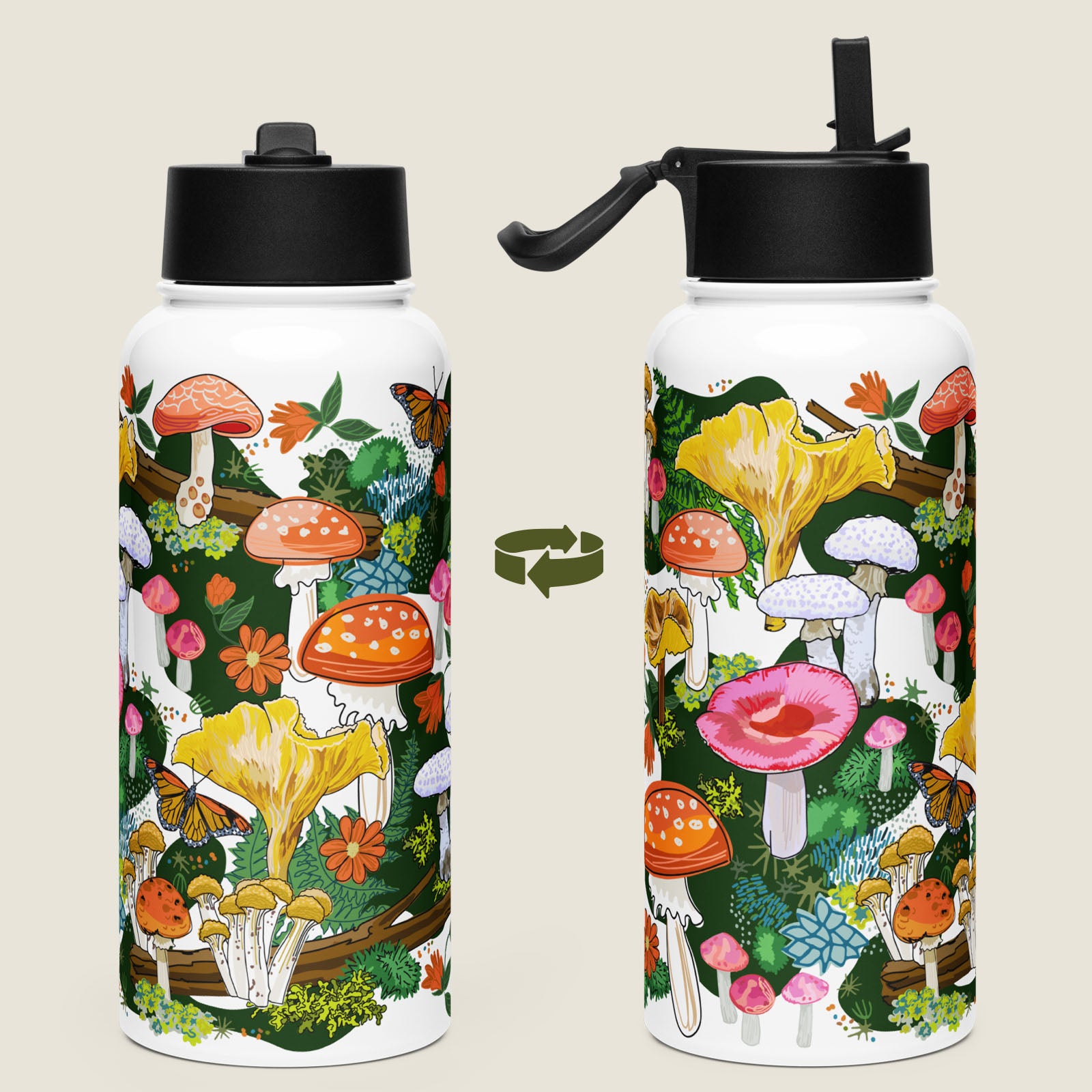 There are two water bottles on an ivory background. Each view shows a different side of the design. 