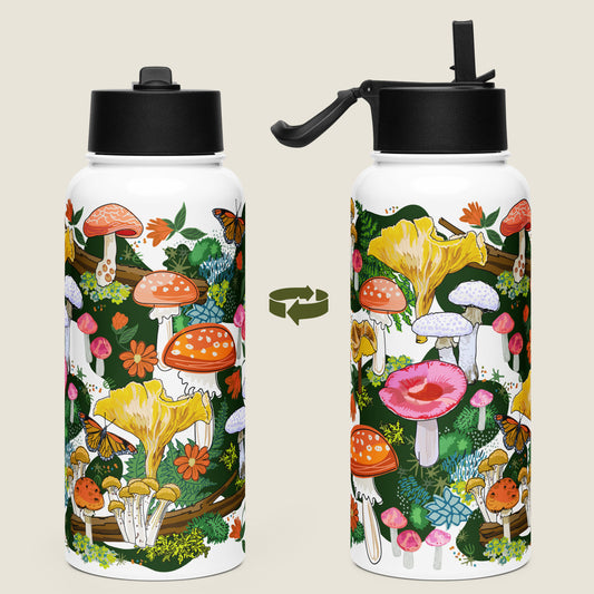 There are two water bottles on an ivory background. Each view shows a different side of the design. 