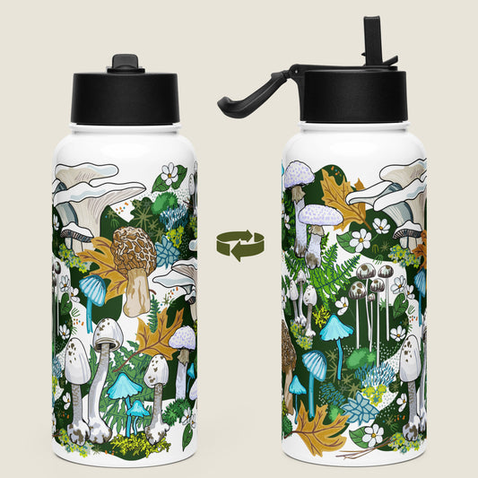 There are two water bottles on an ivory background. Each view shows a different side of the design. 