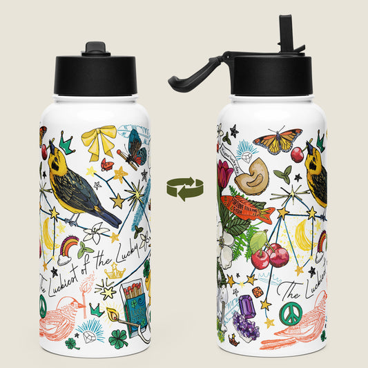 There are two water bottles on an ivory background. Each view shows a different side of the design. 