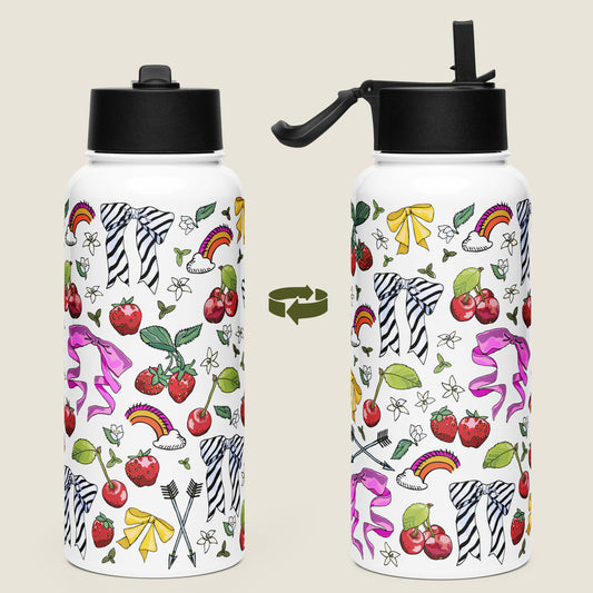 There are two water bottles on an ivory background. Each view shows a different side of the design. 