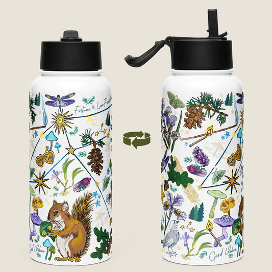 There are two water bottles on an ivory background. Each view shows a different side of the design. 