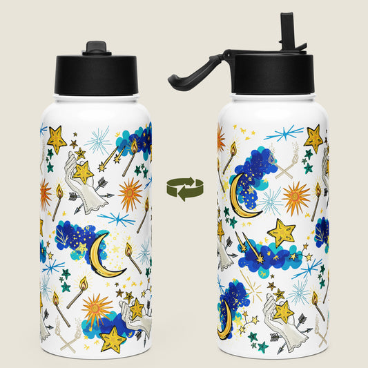 There are two water bottles on an ivory background. Each view shows a different side of the design. 