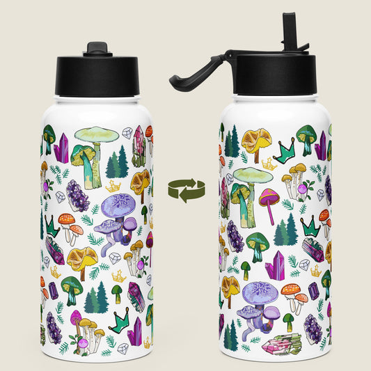 There are two water bottles on an ivory background. Each view shows a different side of the design. 