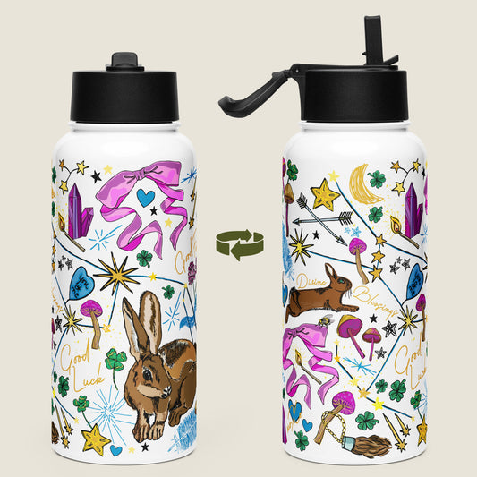 There are two water bottles on an ivory background. Each view shows a different side of the design. 
