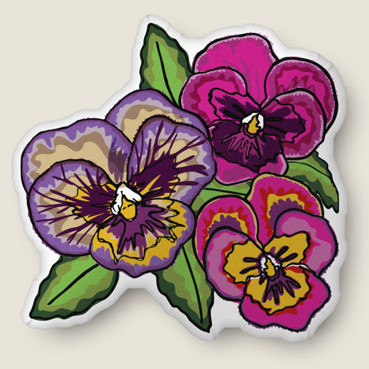 Pondering Pansies pillow on an ivory background.