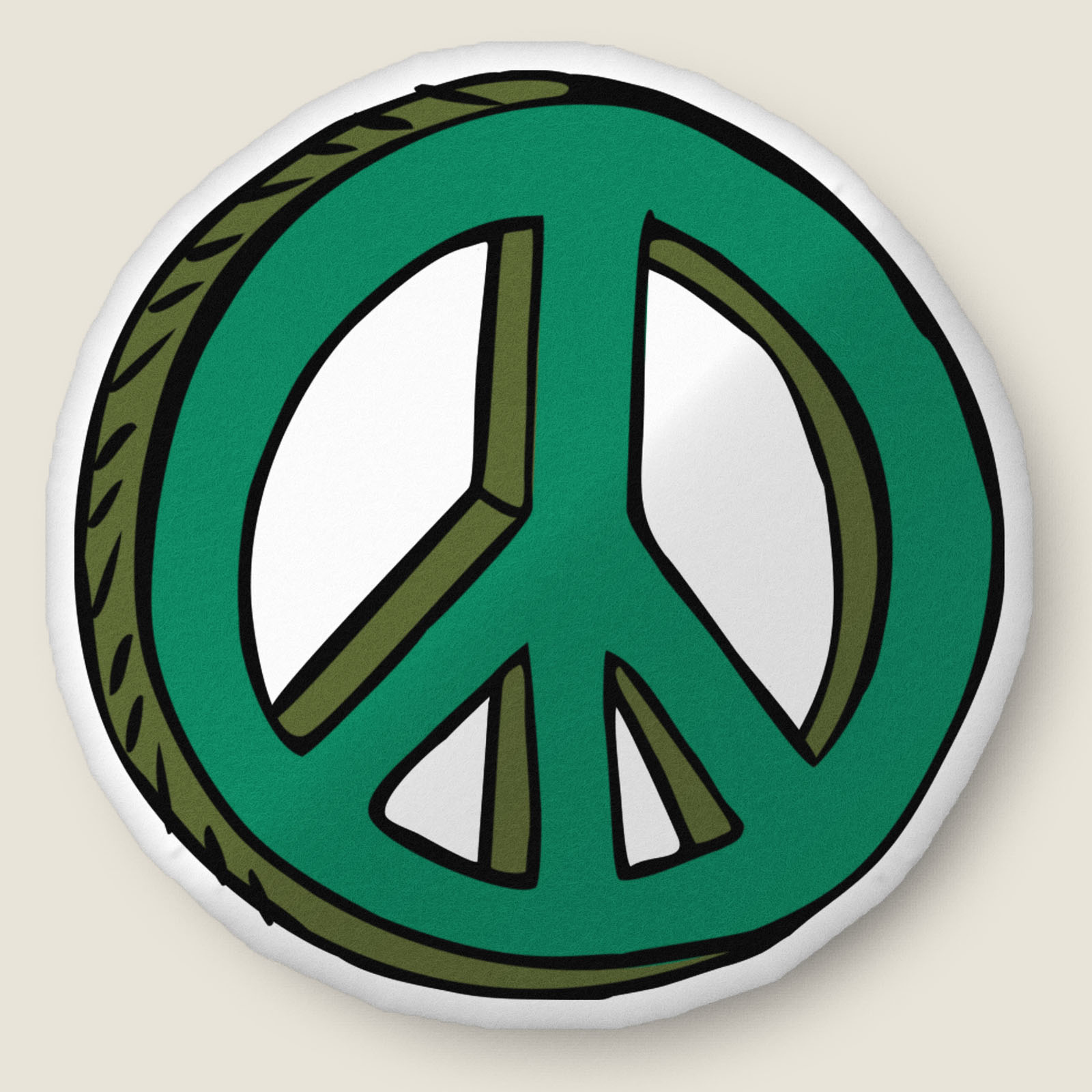 Peace sign-shaped pillow on an ivory background.