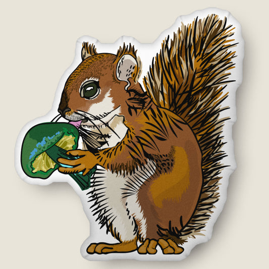 The Squirrel and Mushroom pillow on an ivory background.