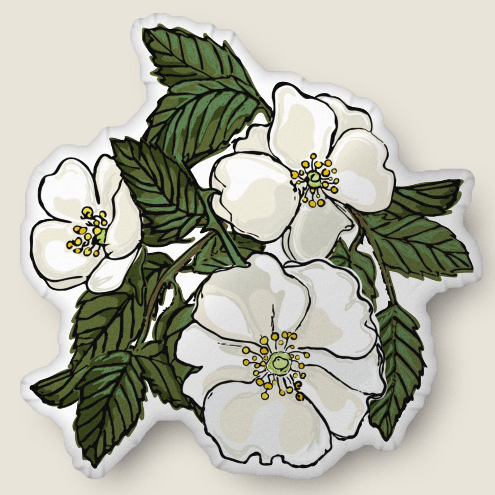 Image of the wild rose pillow on an ivory background.
