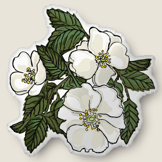 Image of the wild rose pillow on an ivory background.