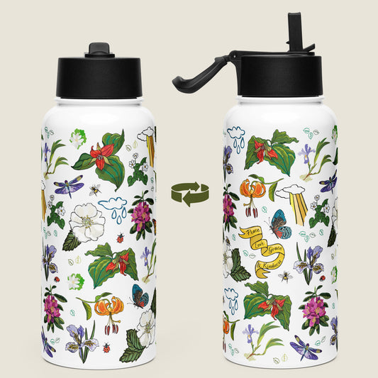 There are two water bottles on an ivory background. Each view shows a different side of the design. 