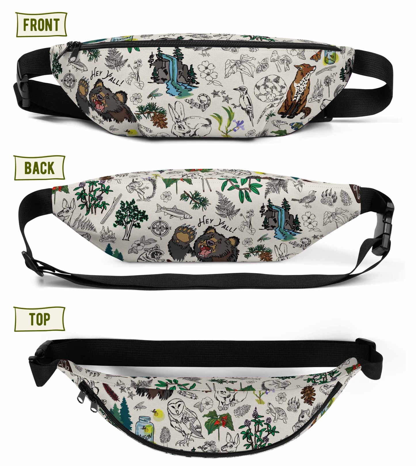 Image shows three views of the hip pack - front, back, and top views.