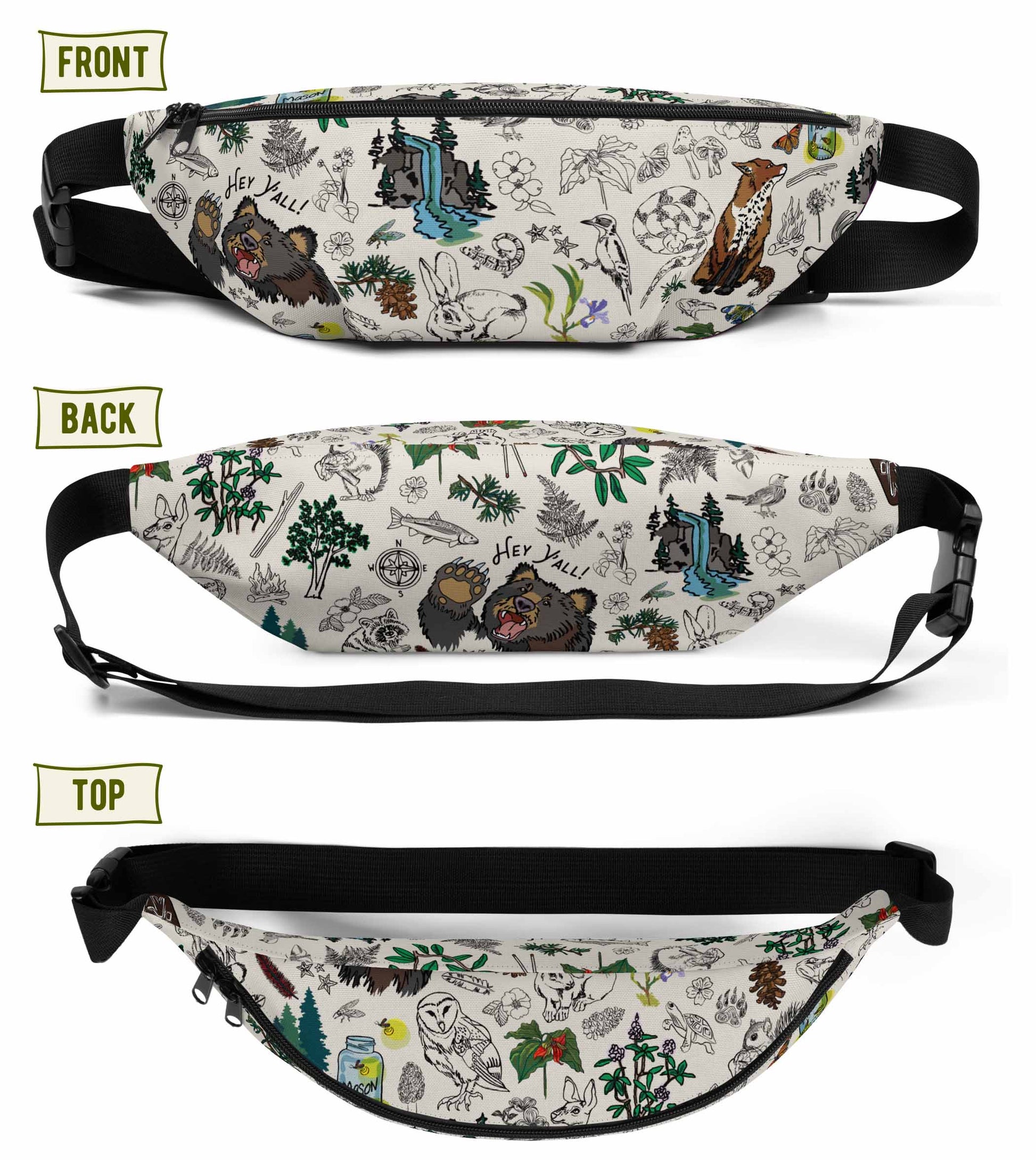 Image shows three views of the hip pack - front, back, and top views.