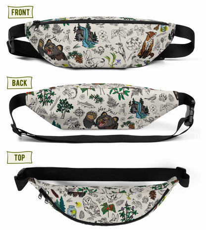 Image shows three views of the hip pack - front, back, and top views.