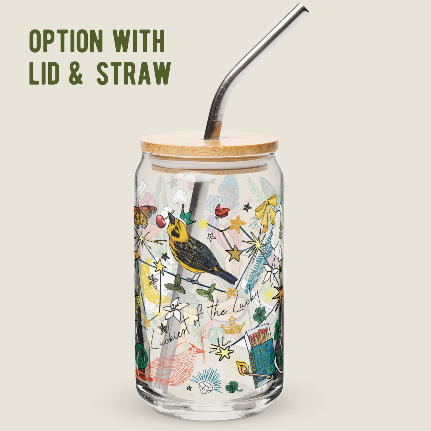 The Aquarius Constellation glass tumbler with the lid and straw option on an ivory background. The straw is metal. The bamboo lid is sustainably sourced and has a rubber seal to prevent spills. 