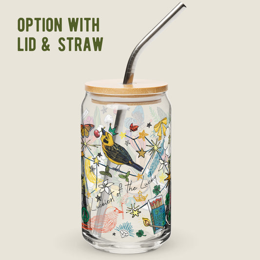 The Aquarius Constellation glass tumbler with the lid and straw option on an ivory background. The straw is metal. The bamboo lid is sustainably sourced and has a rubber seal to prevent spills. 