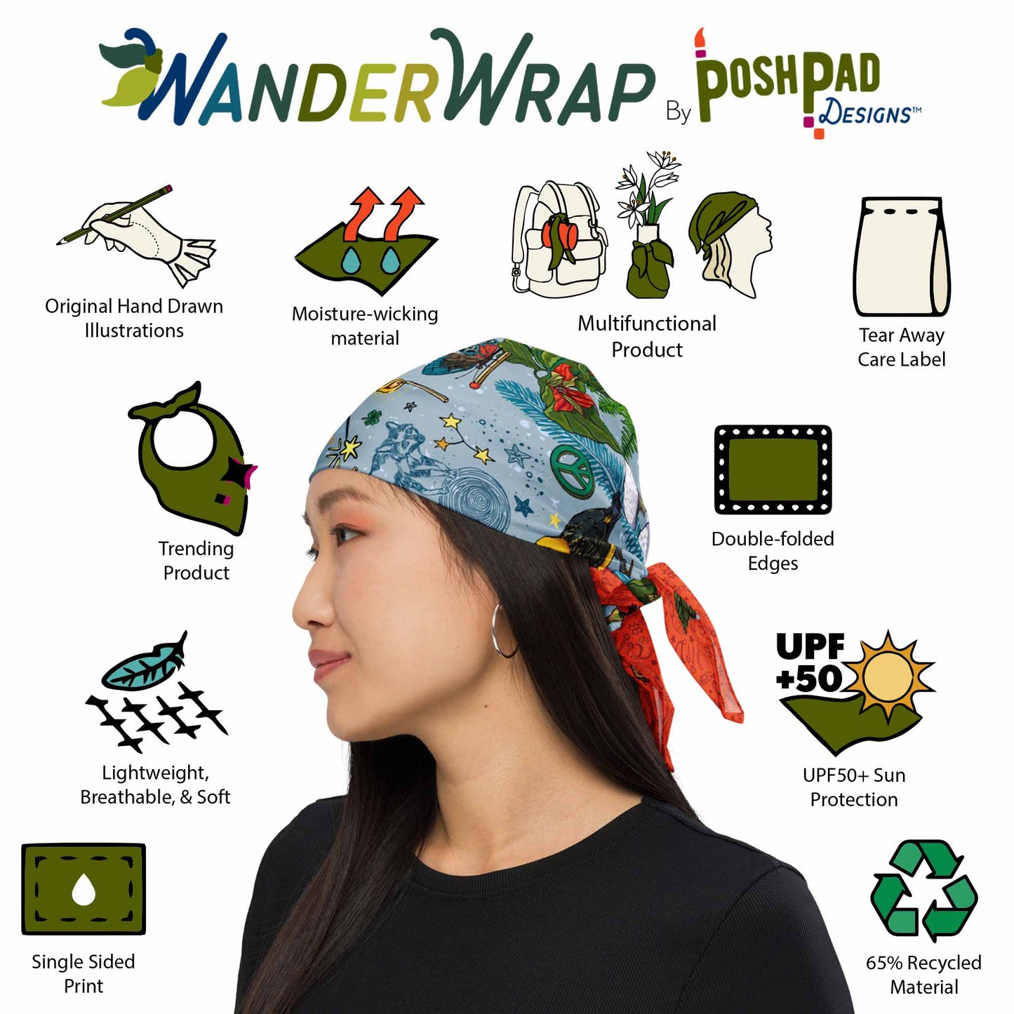 This is an image of illustrations showing features and a photo of a woman wearing the scarf bandana as a head wrap. Features include moisture-wicking recycled material, UPF sun protection, tear away label, trending product, and double-folded edges.