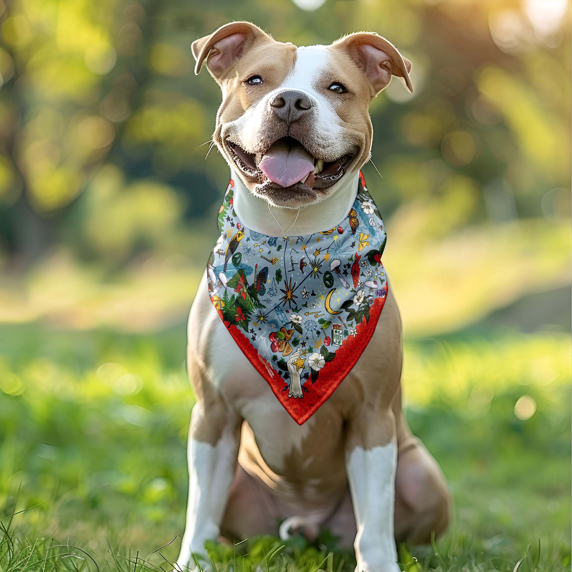 This is a photograph of a big tan and white dog sitting on a white wood floor. She's wearing the bandana around her neck.