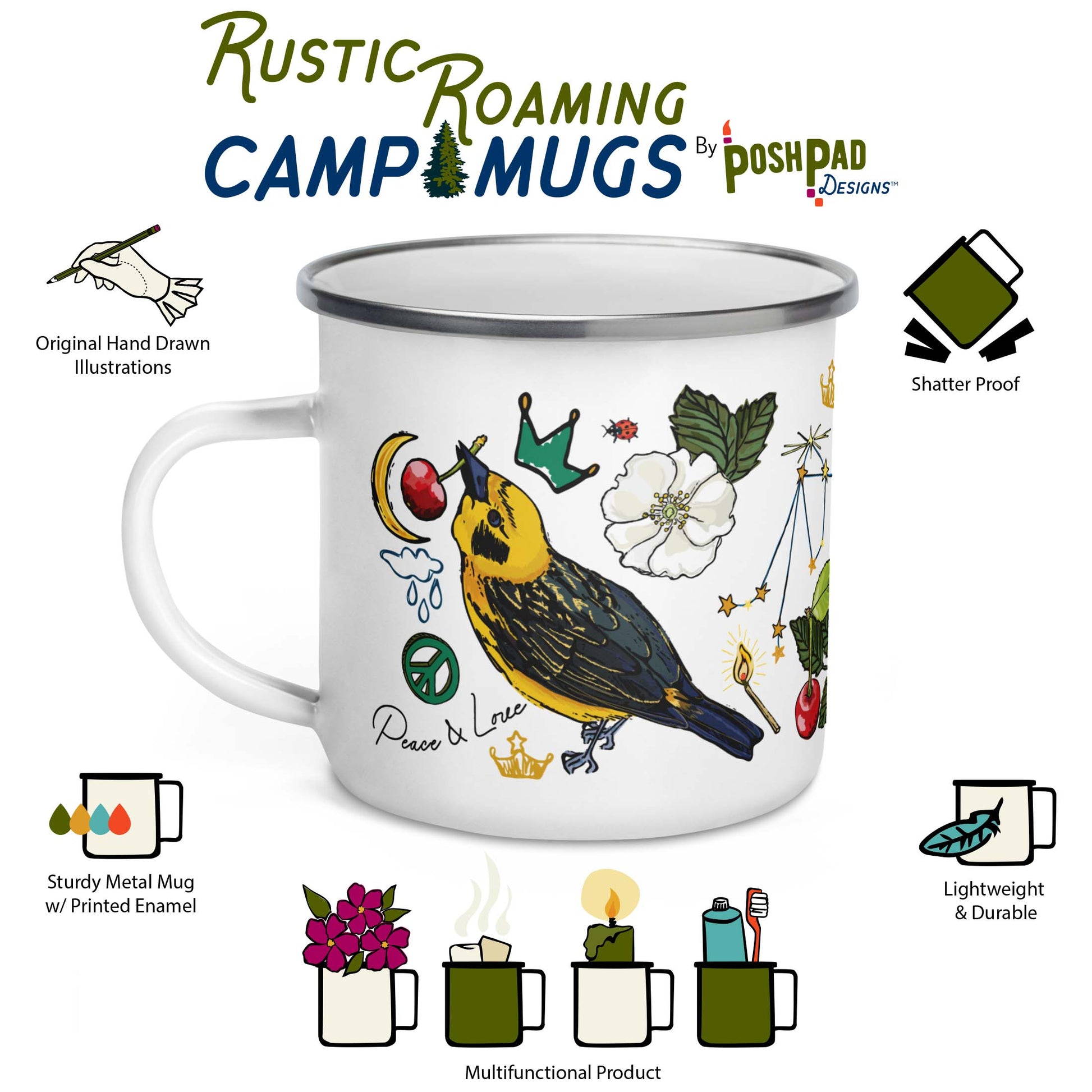 Infographic showing the mugs features, which include hand-drawn illustrations, sturdy metal material with vibrant printing, lightweight, durable, and shatter proof. There is a photo of the mug in the middle and there are illustrations below it showing other uses like arranging wildflowers in it,  holding a candle, and using to take items to the bathhouse like a toothbrush and toothpaste.