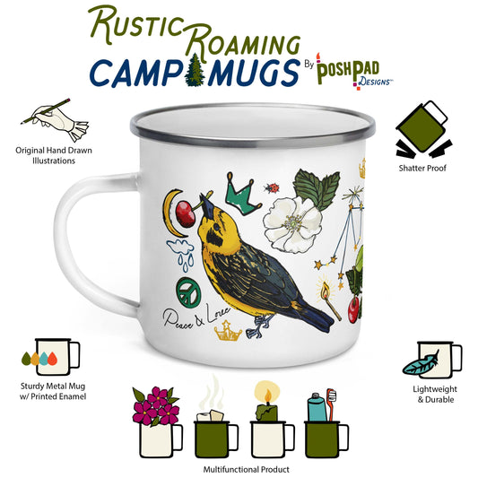 Infographic showing the mugs features, which include hand-drawn illustrations, sturdy metal material with vibrant printing, lightweight, durable, and shatter proof. There is a photo of the mug in the middle and there are illustrations below it showing other uses like arranging wildflowers in it,  holding a candle, and using to take items to the bathhouse like a toothbrush and toothpaste.