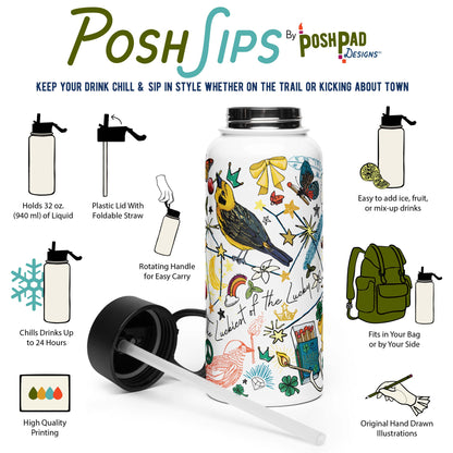 This infographic shows a photo of the water bottle with the lid is lying beside it. There are icons for each product perk. Those perks include the plastic lid with a foldable straw, rotating handle, wide-mouth top, and it holds 32 ounces of liquid. The hand-drawn illustration on the water bottle is printed with high-quality ink.