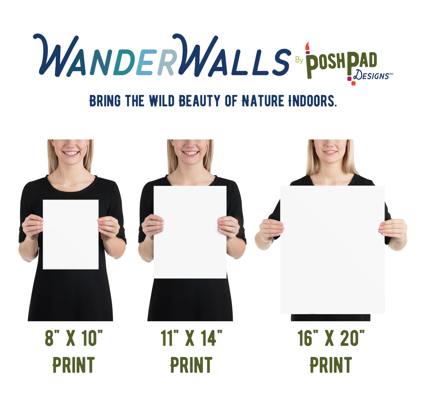 This is an infographic that shows the three size variants available. There is an image of a woman holding each size to give you an idea of what those sizes would look like in person. The available sizes are 8x10, 11x14, or 16x20.