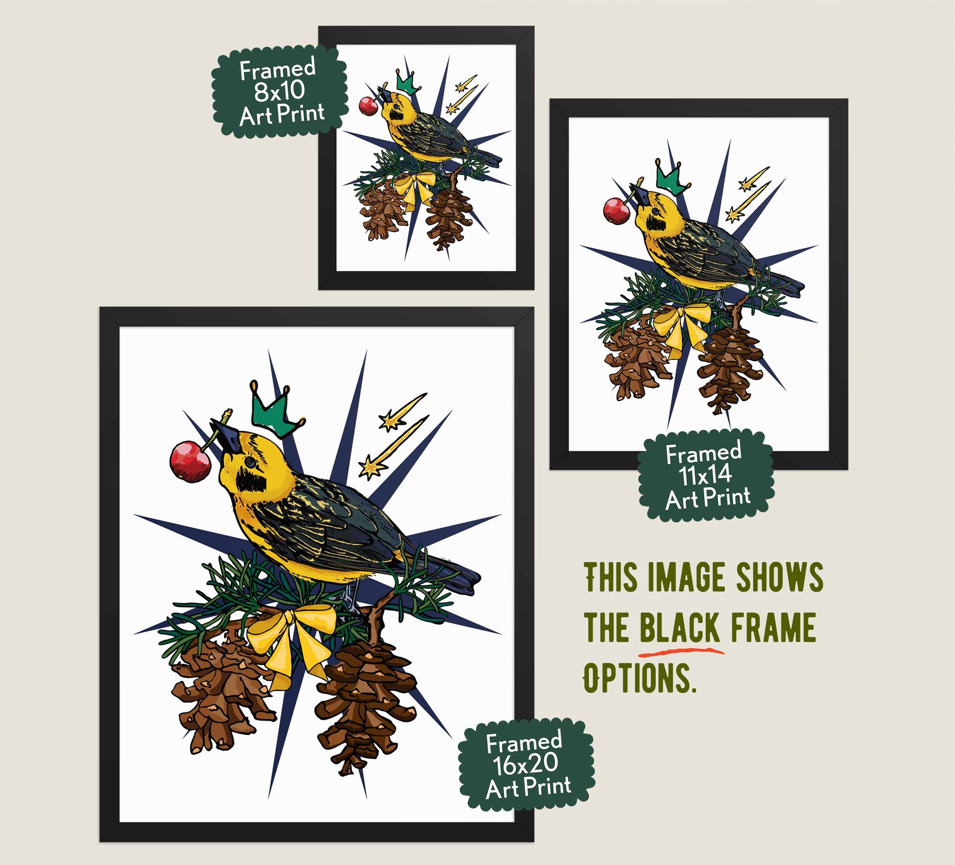 This image shows the three available sizes, which are 8x10, 11x14, and 16x20. This image shows them all in black wood frames.