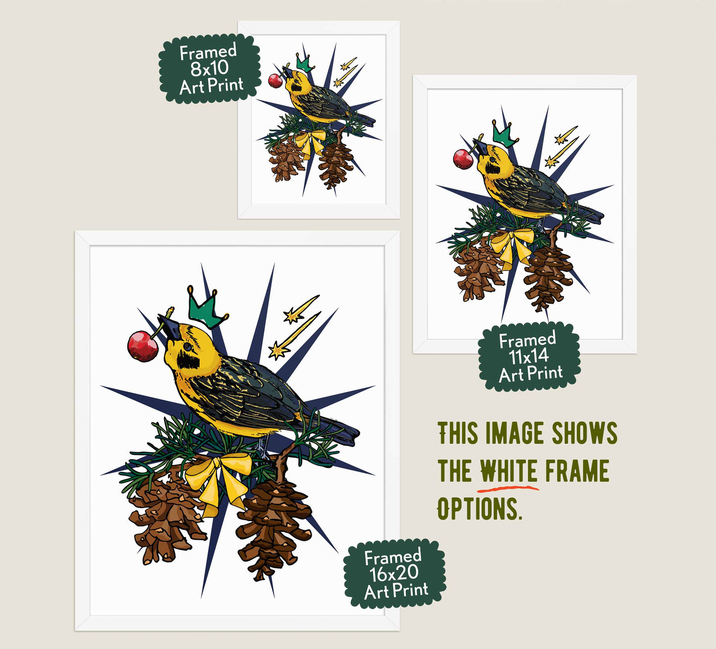 This image shows the three available sizes, which are 8x10, 11x14, and 16x20. This image shows them all in white wood frames.