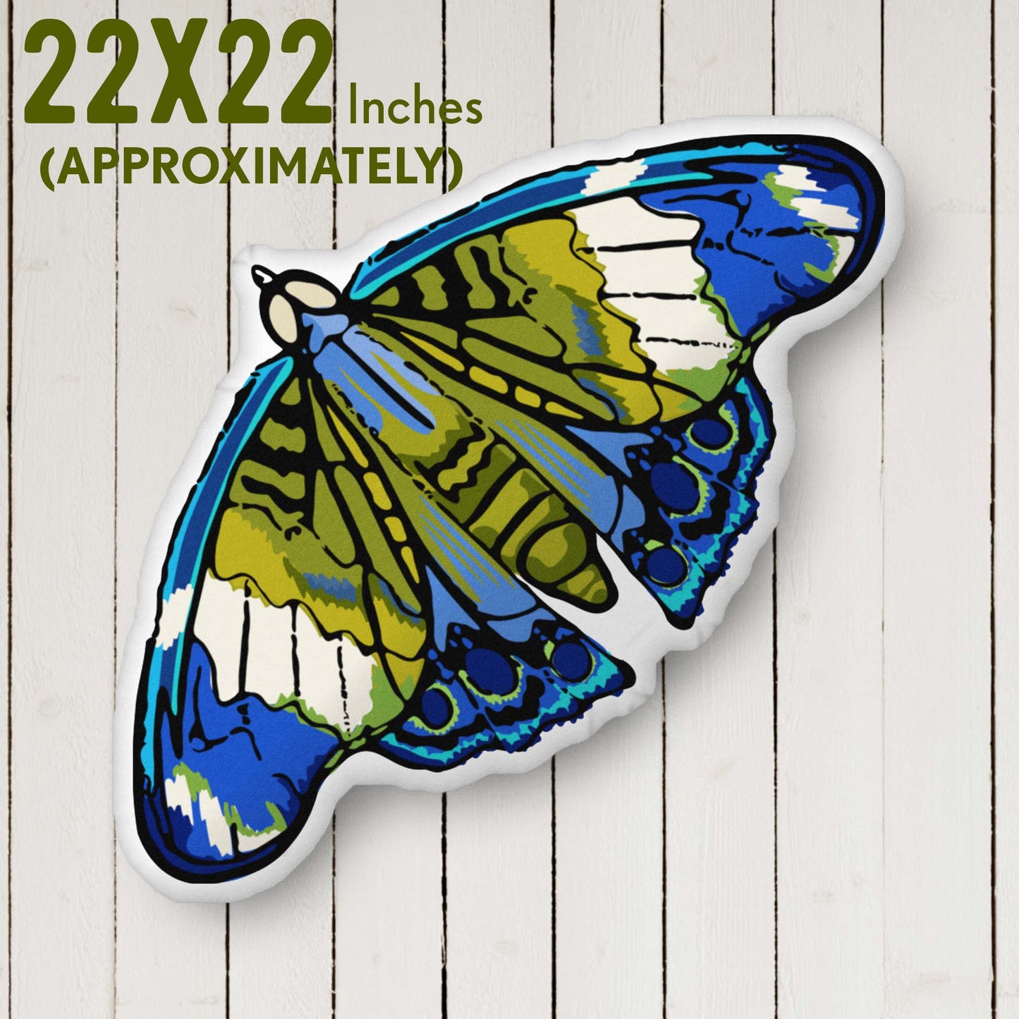 Blue and Green Moth-shaped Throw Pillow Organic-shaped Pillow | Home Decor | Plush Art Throw Pillow - Large is approximately 22 x 22 inches
