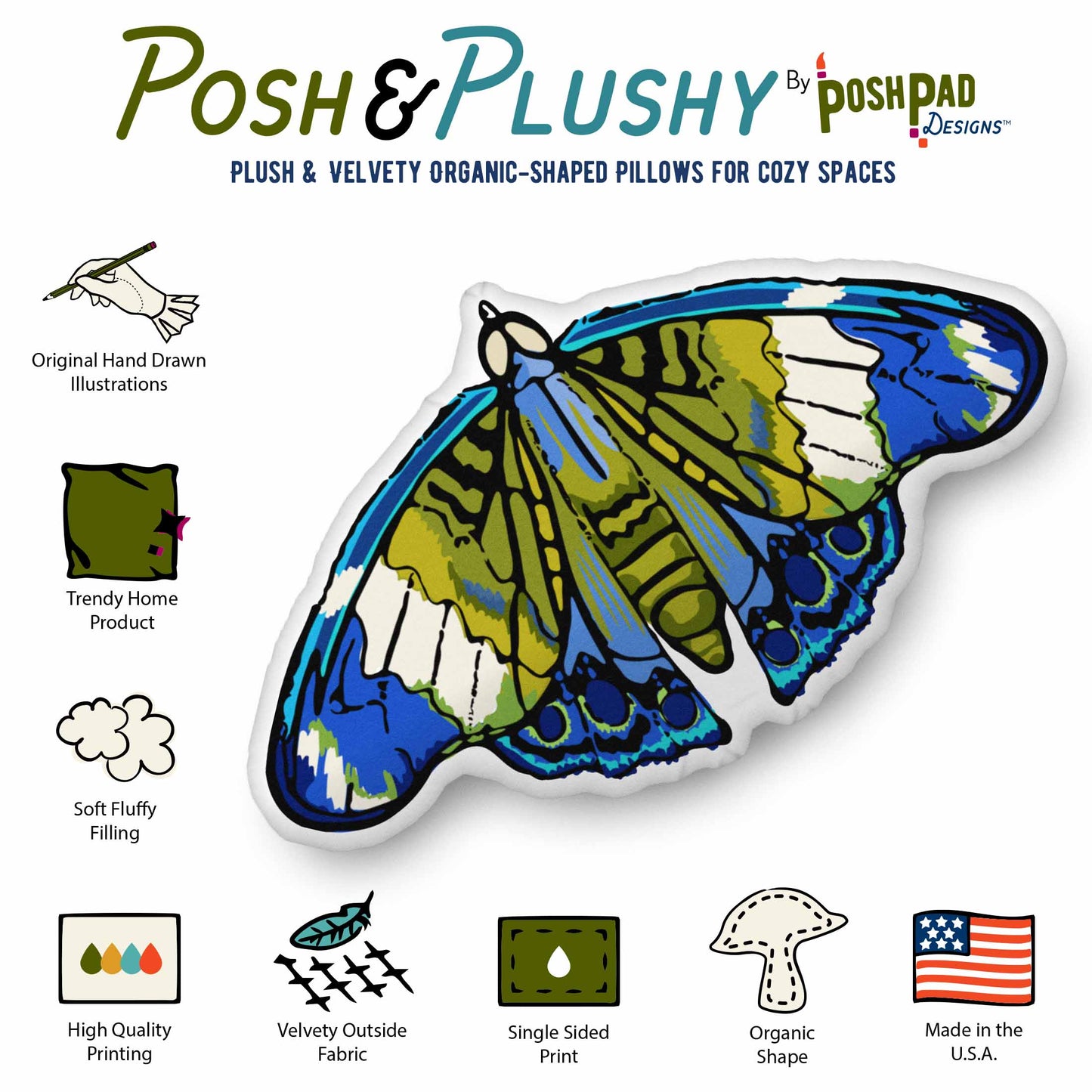 This is an infographic showing the pillow perks. Those perks include hand-drawn illustration, trending home product, soft fluffy filling, high-quality printing, velvety fabric, organic shape, and made in the U.S.A.