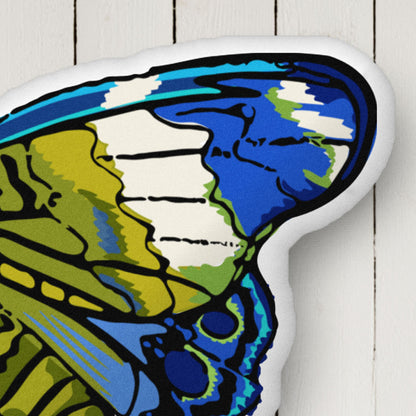 This image is a close-up of the Blue and Green Bohemian Moth pillow in the collection. It shows the velvety texture of all the pillows