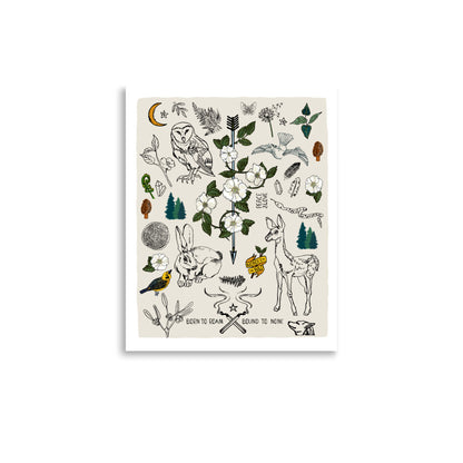 11x14 Born to Roam art print poster. The nature artwork has an owl, a wolf, a bird, a deer, a snake, a rabbit, ferns, forest, a crescent moon, crystals, mushrooms, burning matches, and flowers. 