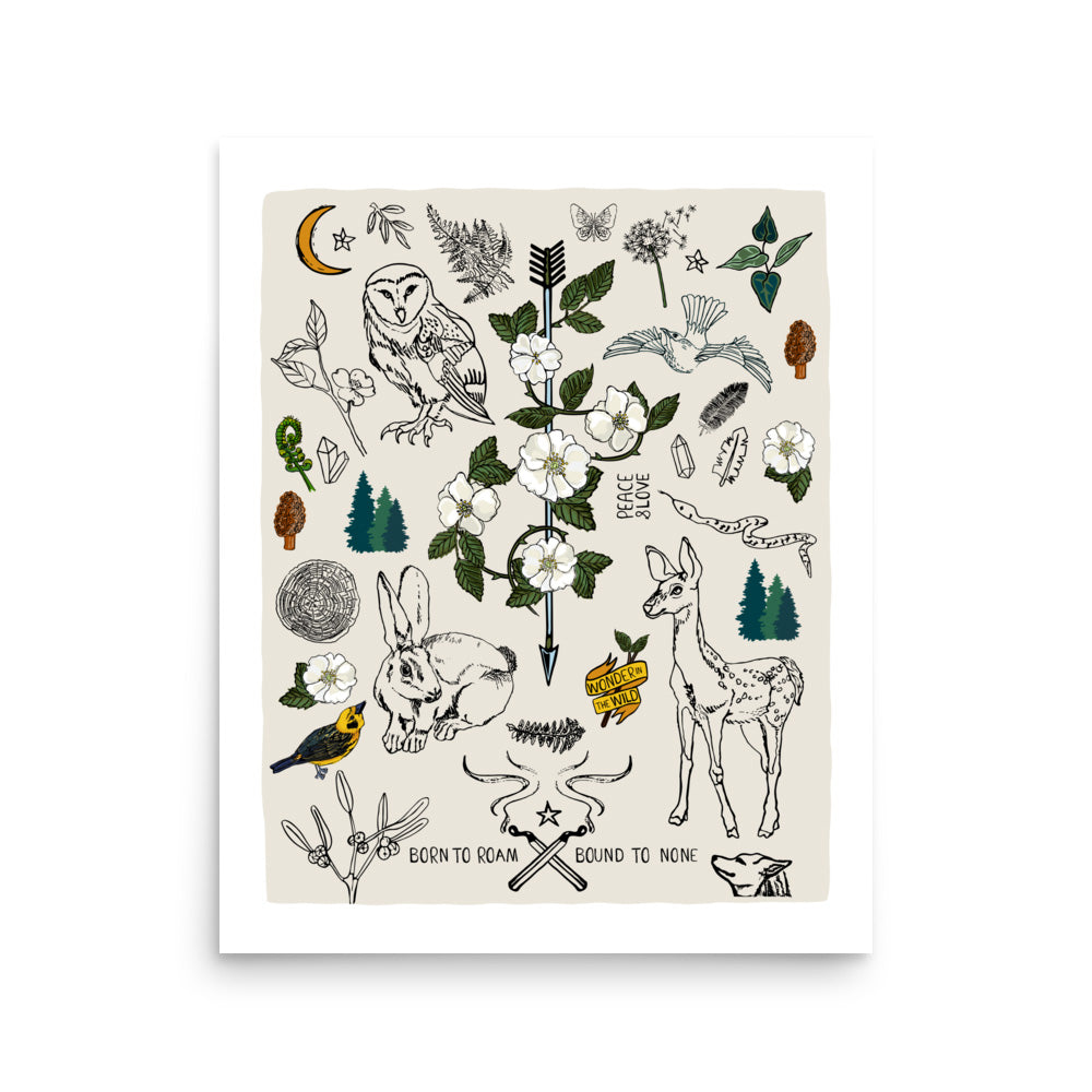 16x20 Born to Roam art print poster. The nature artwork has an owl, a wolf, a bird, a deer, a snake, a rabbit, ferns, forest, a crescent moon, crystals, mushrooms, burning matches, and flowers. 