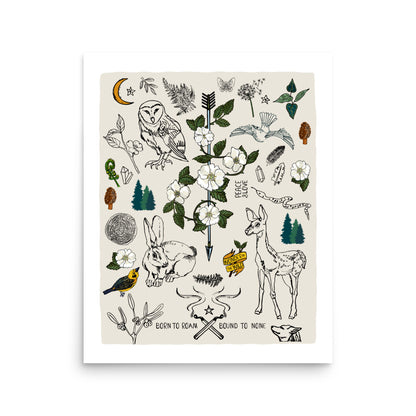 16x20 Born to Roam art print poster. The nature artwork has an owl, a wolf, a bird, a deer, a snake, a rabbit, ferns, forest, a crescent moon, crystals, mushrooms, burning matches, and flowers. 