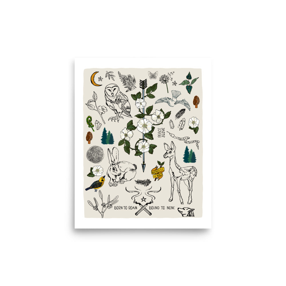 8x10 Born to Roam art print poster. The nature artwork has an owl, a wolf, a bird, a deer, a snake, a rabbit, ferns, forest, a crescent moon, crystals, mushrooms, burning matches, and flowers. 