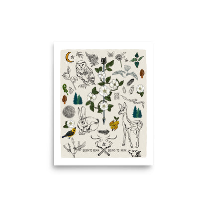 8x10 Born to Roam art print poster. The nature artwork has an owl, a wolf, a bird, a deer, a snake, a rabbit, ferns, forest, a crescent moon, crystals, mushrooms, burning matches, and flowers. 