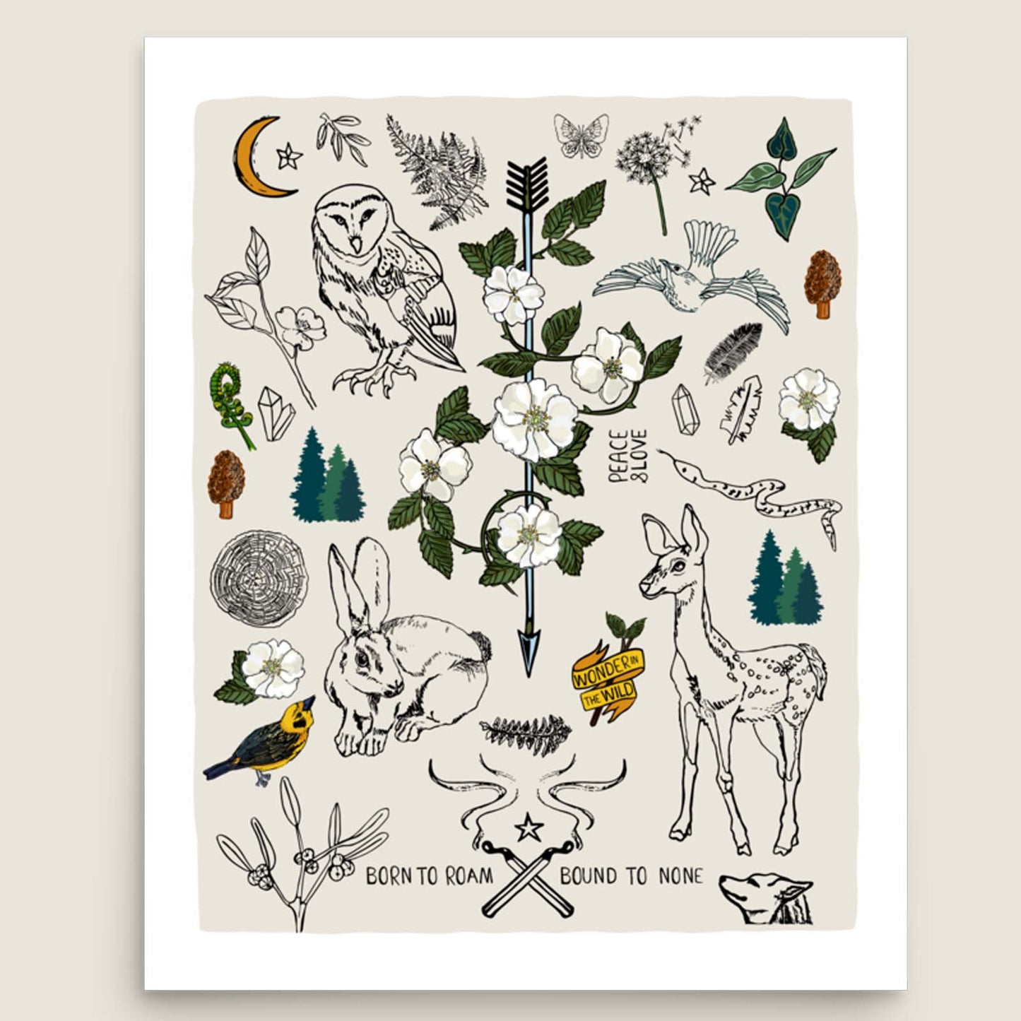 Born to Roam art print poster on an ivory background. The artwork has illustrations of wild roses, owl, deer, rabbit, wolf, a crescent moon, ferns, crystals, mushrooms, dandelions, burning matches, and forest icons. 